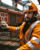 Worker in a hard hat and orange hi-vis wearing the Helite AirFall airbag vest on site