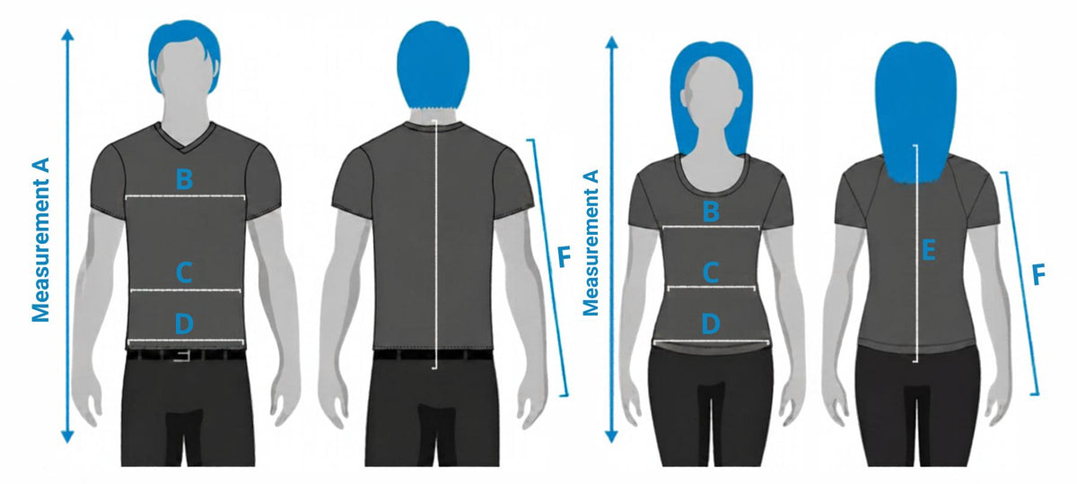Front and back diagrams of a man and a woman showing where to measure height (A), chest (B), waist (C), hips (D), back length (E) and arm length (F)