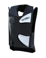Front of the Helite GP Air airbag vest in black and white, cut to fit over a race suit