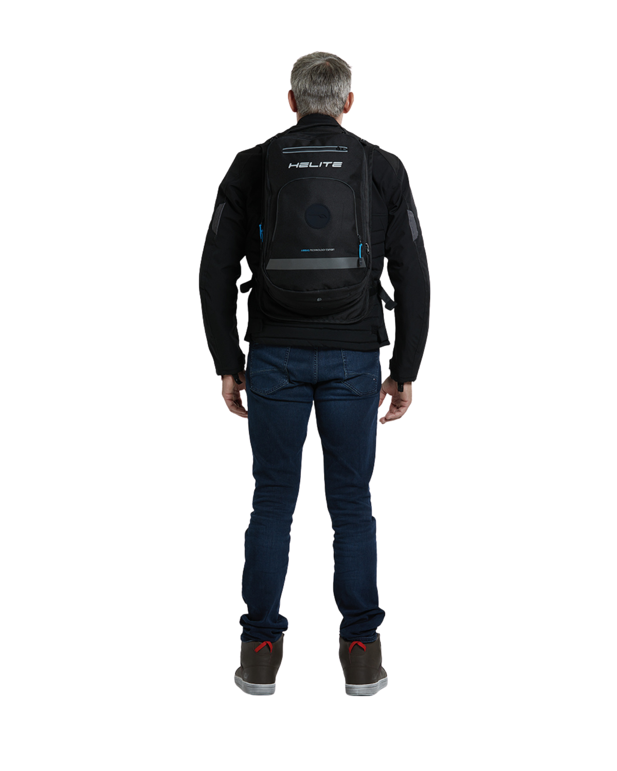 Back view of a man wearing the Helite H-Moov electronic airbag backpack