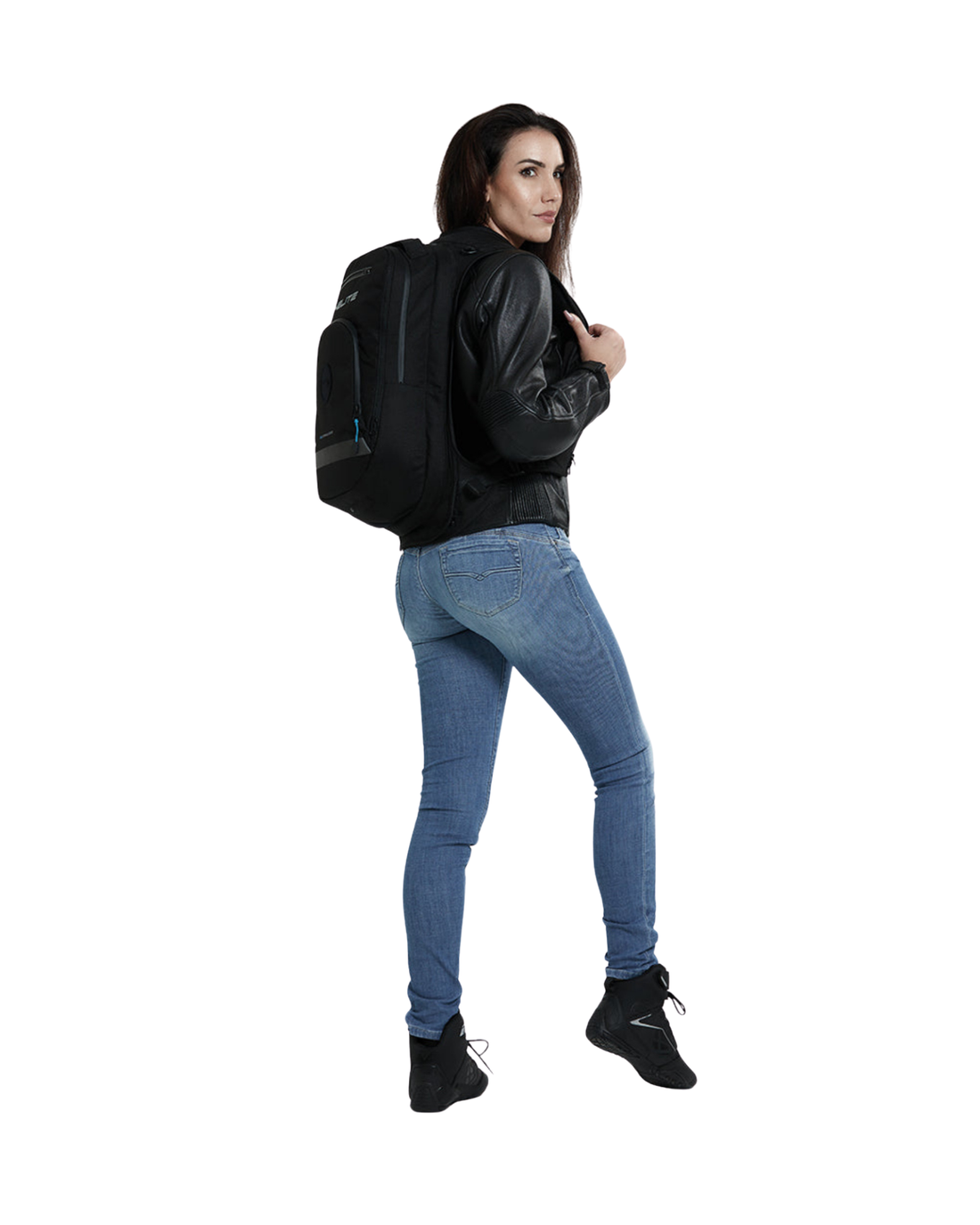 Woman wearing the Helite H-Moov electronic airbag backpack over a leather jacket