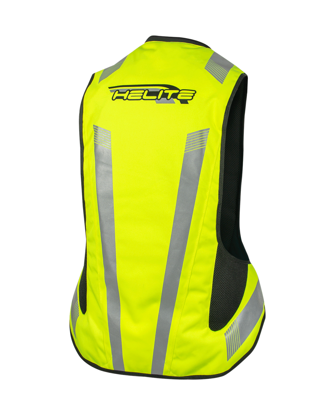 Back of the high-vis Helite Turtle 2 airbag vest with the Helite logo and reflective panels