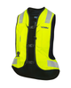 Front of the Helite Turtle 2 airbag vest in high-vis yellow, showing the buckles and lanyard connector