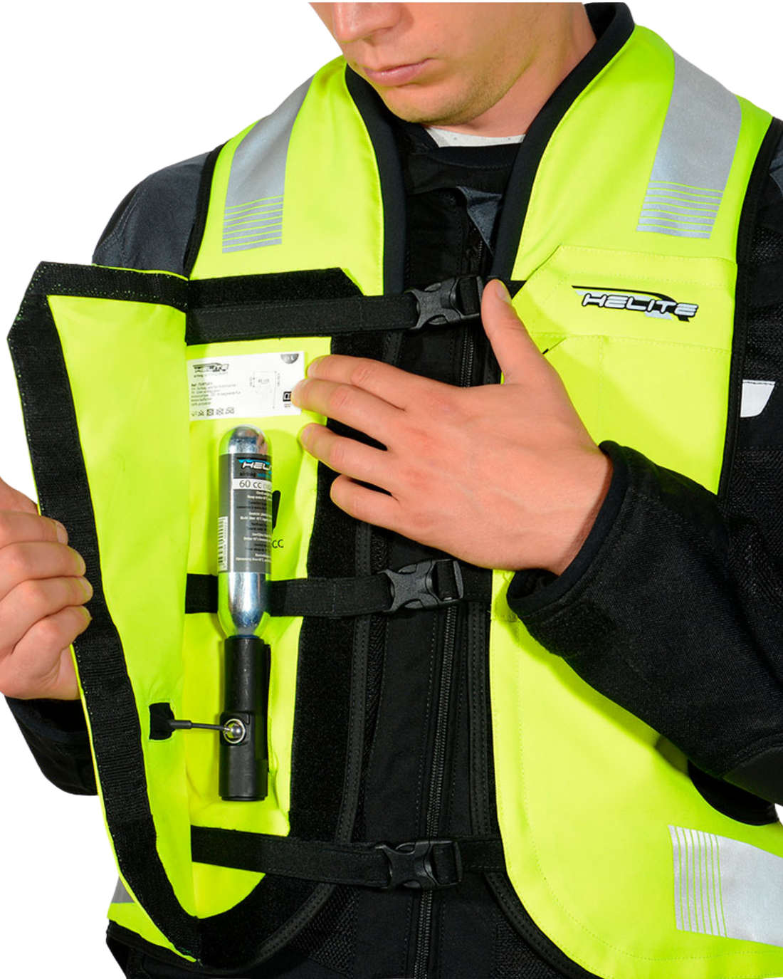 Close-up of the CO2 cartridge pocket inside the high-vis Turtle 2 airbag vest