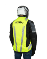 Rear view of a rider wearing the high-vis Turtle 2 airbag vest, Helite logo across the back