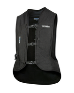 Front of the Helite Turtle 2 airbag vest in black, showing the buckles and lanyard connector