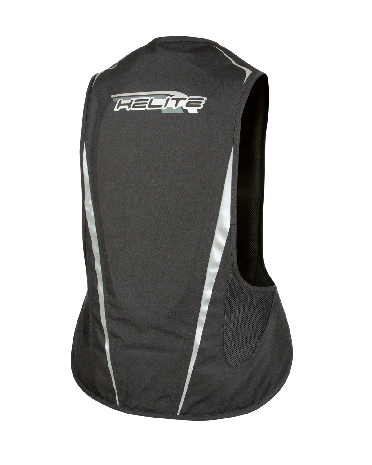 Back of the black Helite Turtle 2 airbag vest with the Helite logo and reflective piping