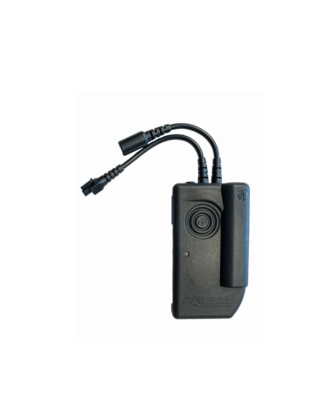 The Helite crash detection unit, a black sensor module with two connector leads