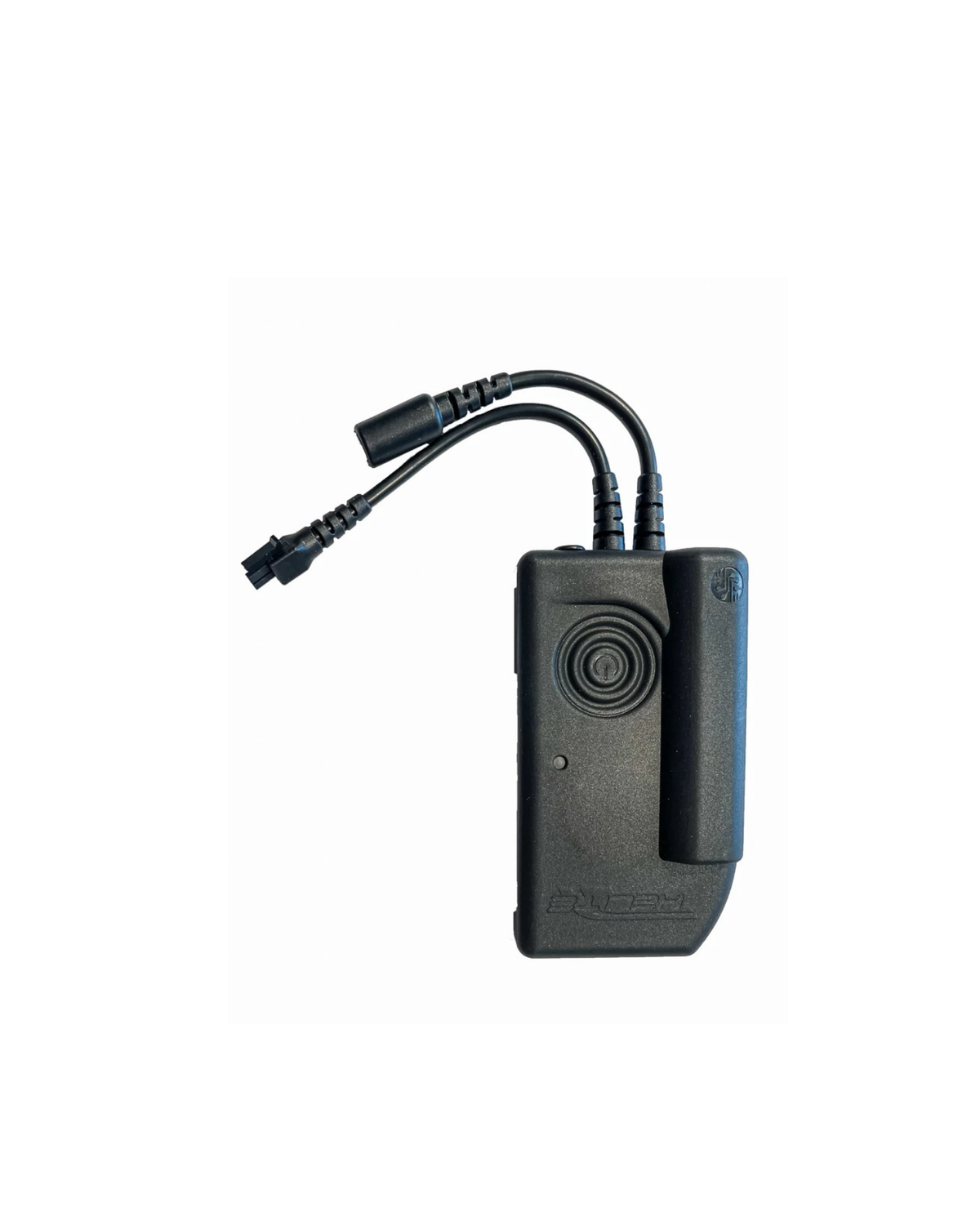 The Helite crash detection unit, a black sensor module with two connector leads