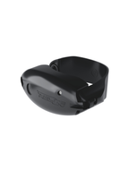 The Helite fork sensor, a black shock detection unit that mounts to the motorcycle fork