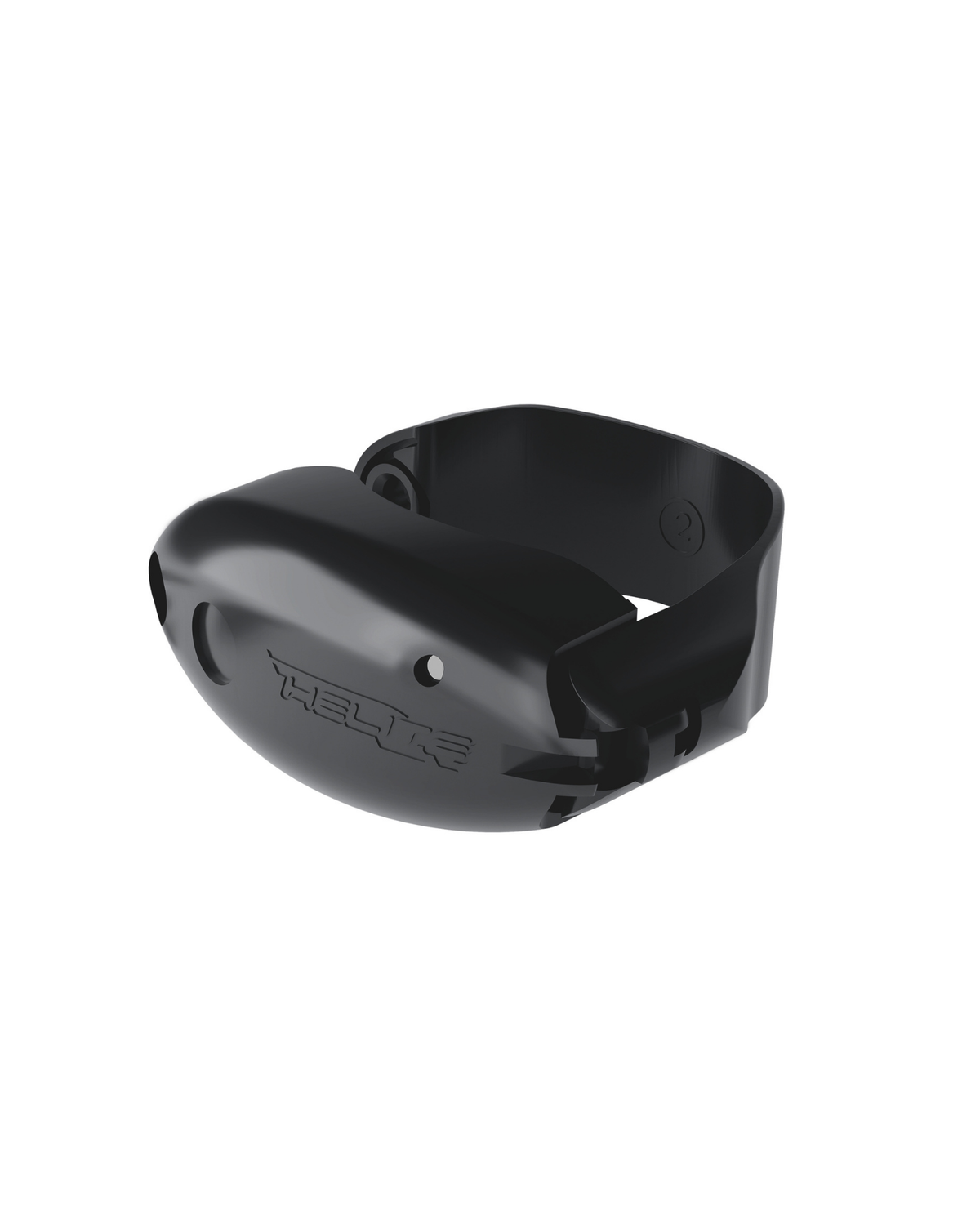 The Helite fork sensor, a black shock detection unit that mounts to the motorcycle fork