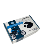Retail box for the Helite fork sensor, showing the sensor fitted to a motorcycle fork