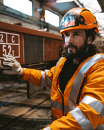 Worker in a hard hat and orange hi-vis wearing the Helite AirFall airbag vest on site