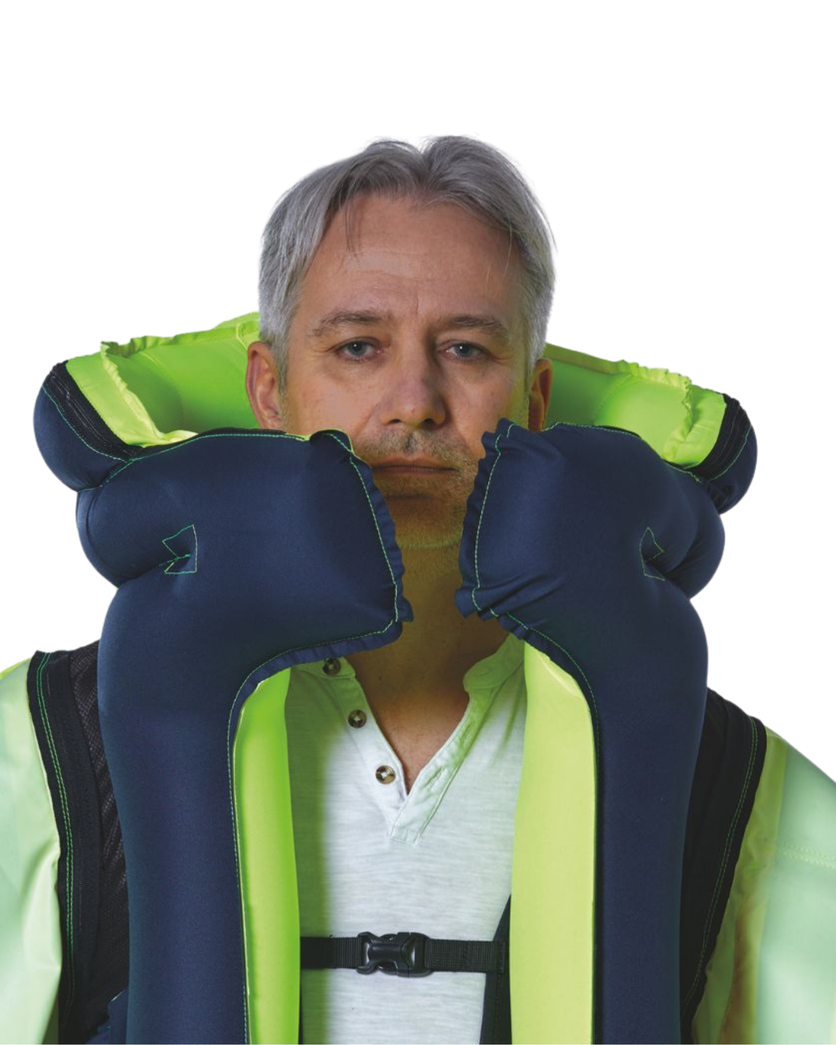 Close-up of the Air'Fall Max airbag inflated around a worker's face, neck and shoulders