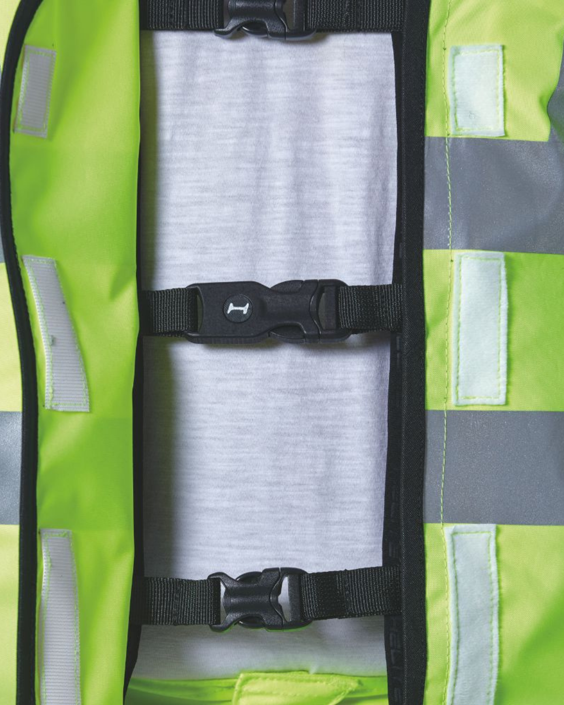 Close-up of the back panel and adjustment strap inside the Helite AirFall airbag vest