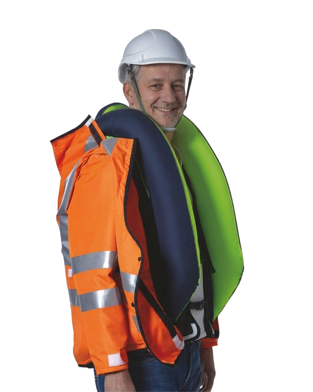 Side view of a worker in an orange hi-vis jacket with the Air'Fall airbag inflated around the neck and upper body