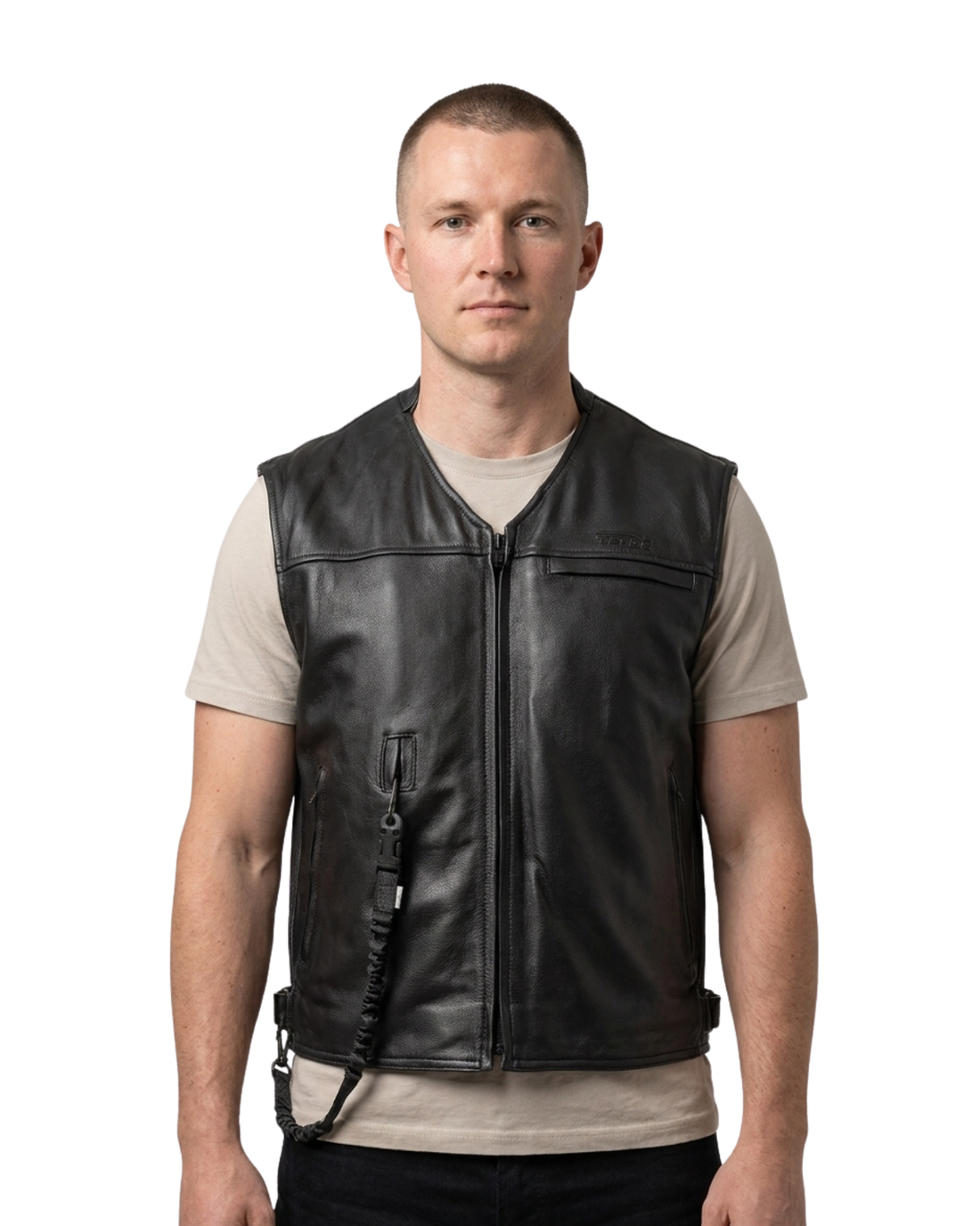 Man wearing the custom Helite leather airbag vest in black over a T-shirt, front view with the lanyard hanging at the front