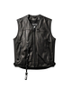 The custom Helite black leather airbag vest on its own, front view with the lanyard attached