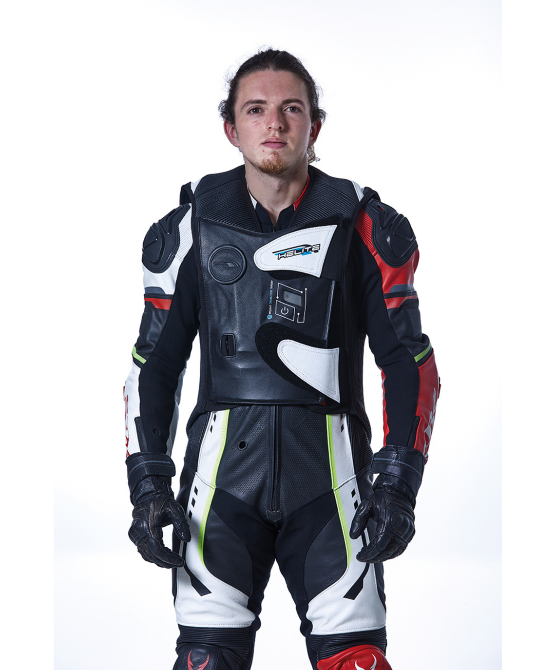 Racer in leathers wearing the Helite e-GP Air electronic airbag vest