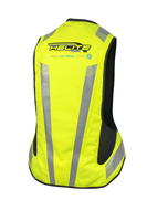 Back of the high-vis e-Turtle vest, printed Airbag Electronic System with reflective strips