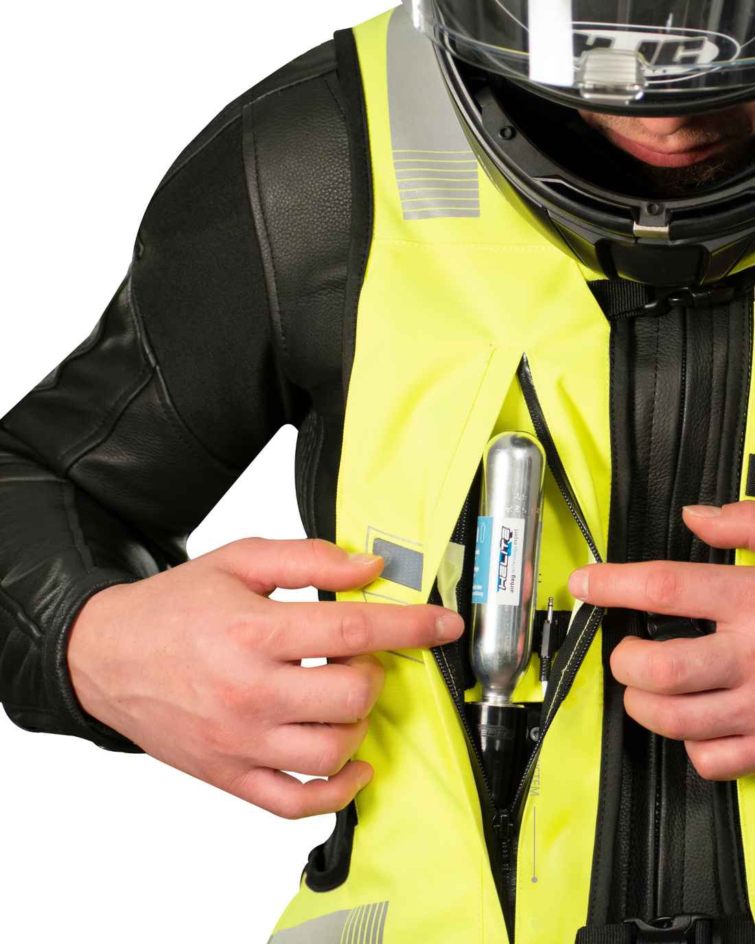 Close-up of a CO2 cartridge being fitted into the high-vis e-Turtle airbag vest