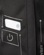 Close-up of the power button and status light on the black e-Turtle airbag vest