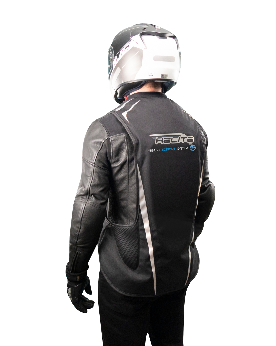 Rear view of a rider wearing the black e-Turtle airbag vest over a leather jacket