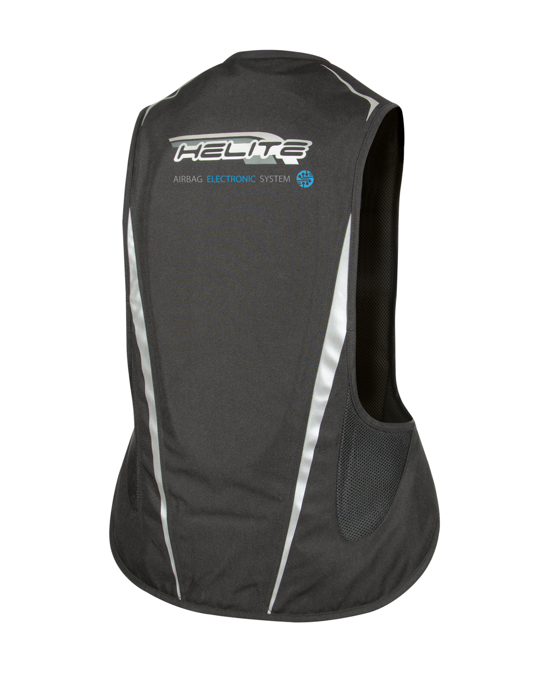 Back of the black e-Turtle vest, printed Airbag Electronic System with reflective piping