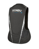 Back of the black e-Turtle vest, printed Airbag Electronic System with reflective piping