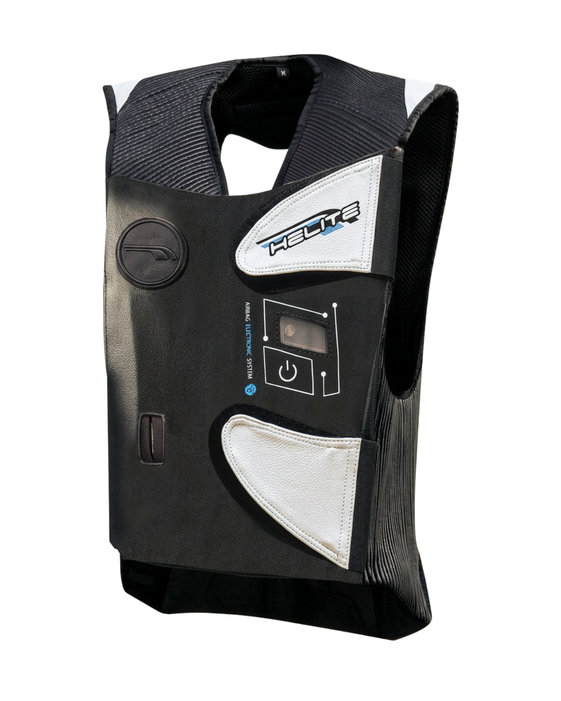 Front of the Helite e-GP Air electronic airbag vest with its control panel