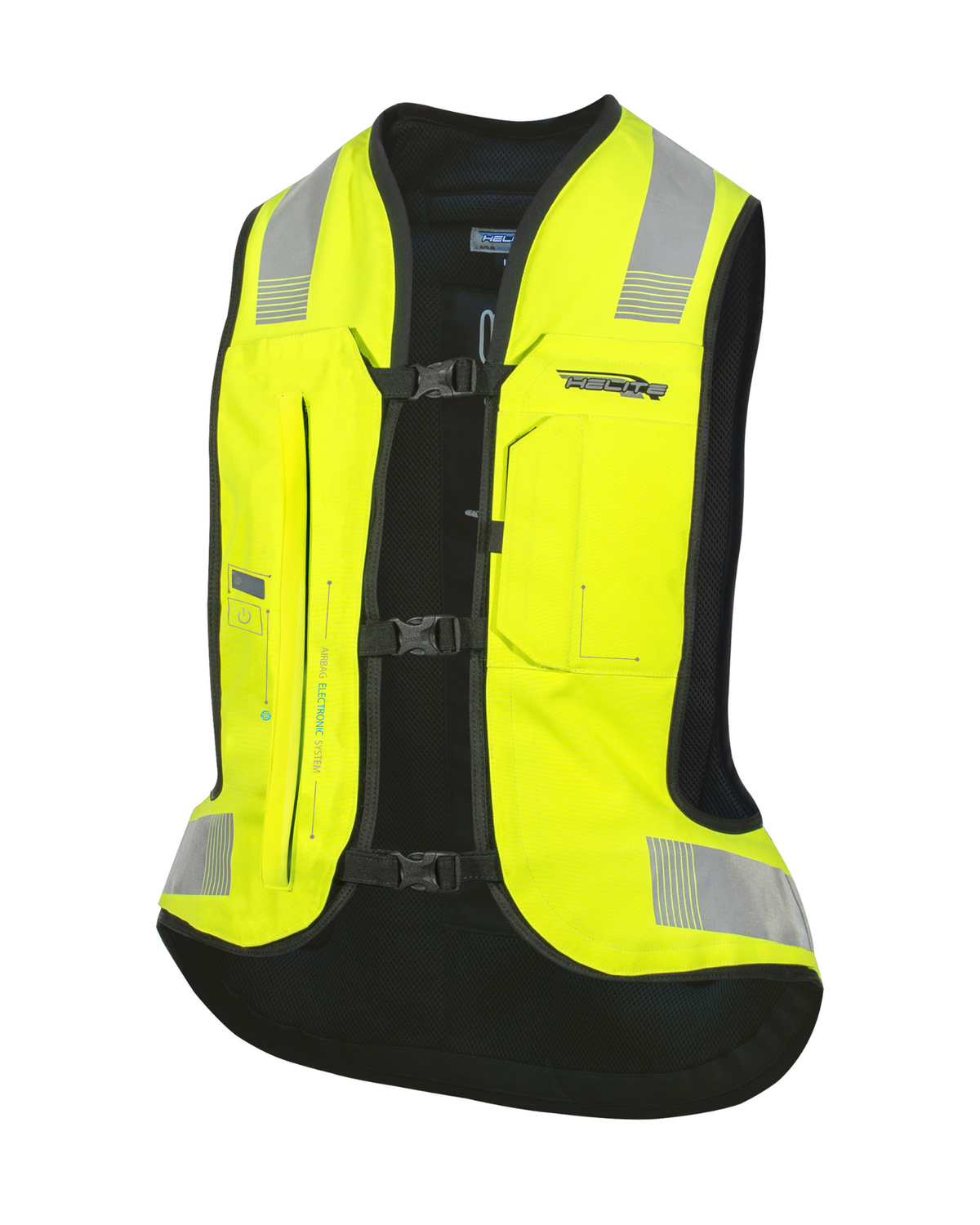 Front of the Helite e-Turtle electronic airbag vest in high-vis yellow