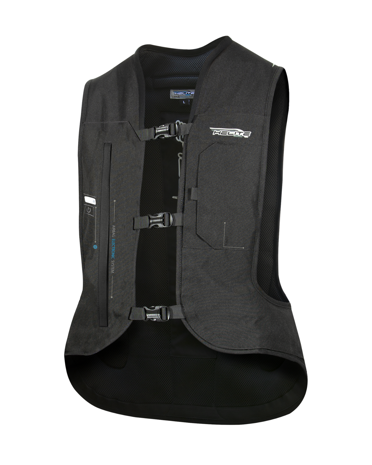 Front of the Helite e-Turtle electronic airbag vest in black, showing the buckles and control unit