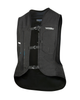 Front of the Helite e-Turtle electronic airbag vest in black, showing the buckles and control unit