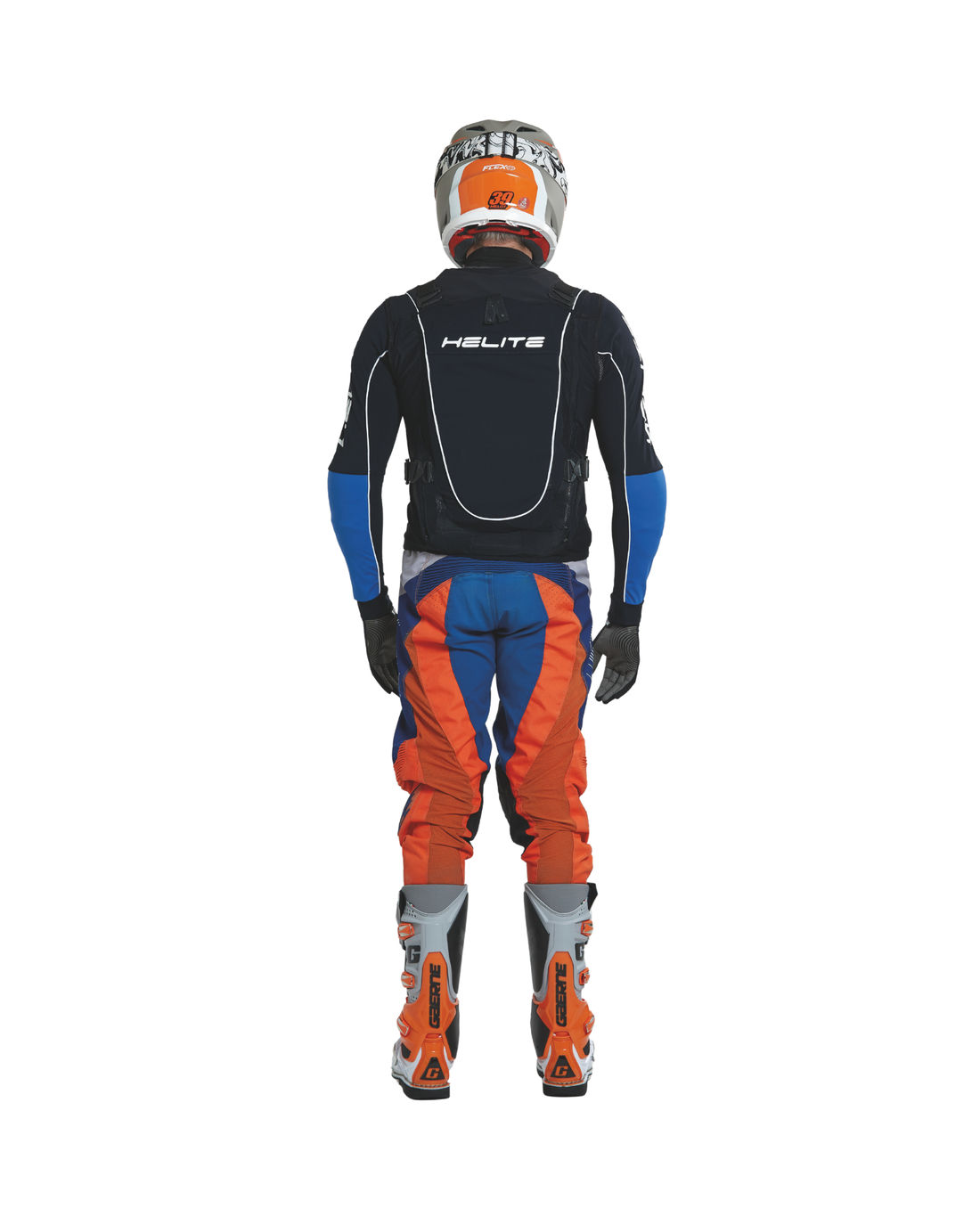 Motocross rider in a helmet seen from behind wearing the Helite Off Road airbag vest