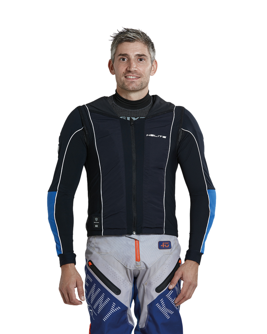 Rider wearing the Helite Off Road airbag vest with the sleeves attached