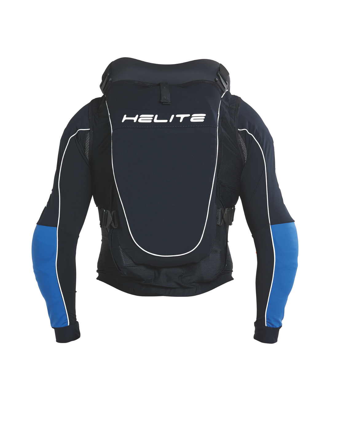 Helite Off Road airbag vest, back view showing the Helite logo and removable sleeves