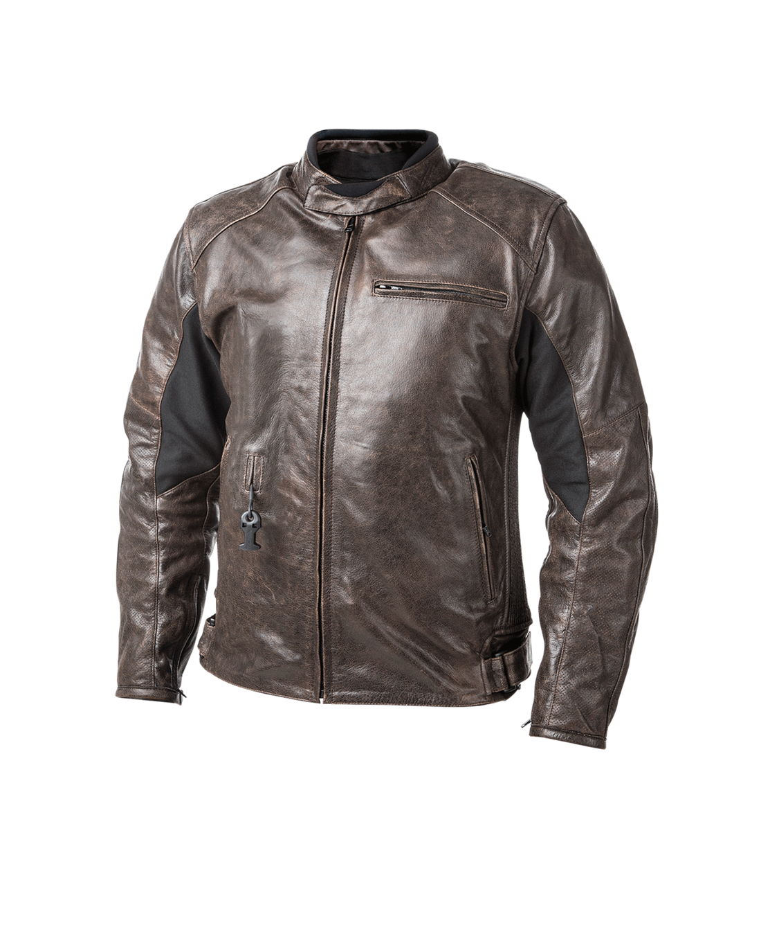 Front of the Helite Roadster leather airbag jacket in brown vintage