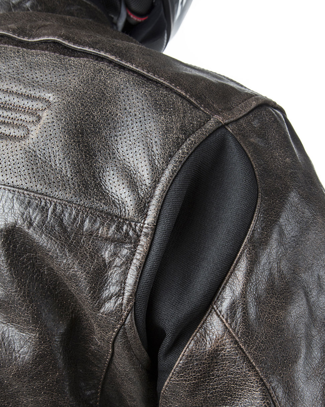 Close-up of the perforated leather and shoulder panel on the Roadster jacket
