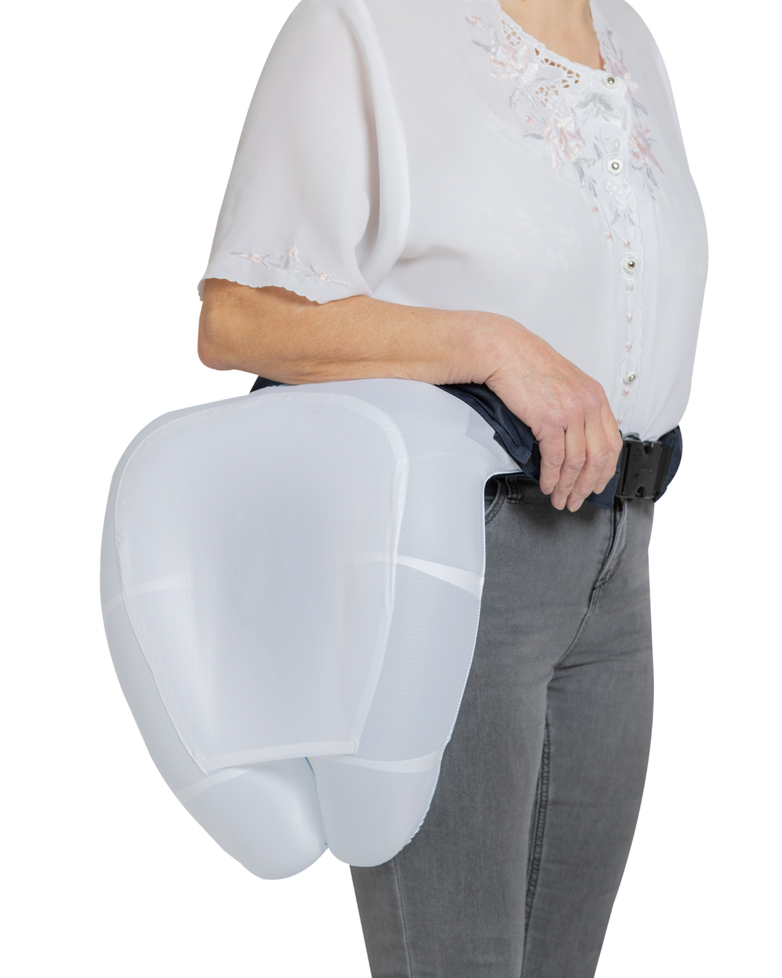 Side view of the Hip'Guard airbag inflated over the hip and femoral neck