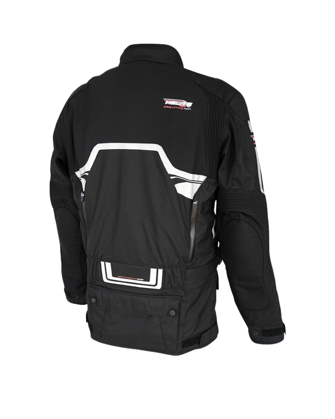 Back of the black Helite Touring airbag jacket, showing the Helite logo and reflective strips