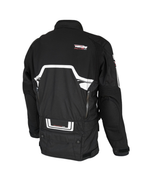 Back of the black Helite Touring airbag jacket, showing the Helite logo and reflective strips