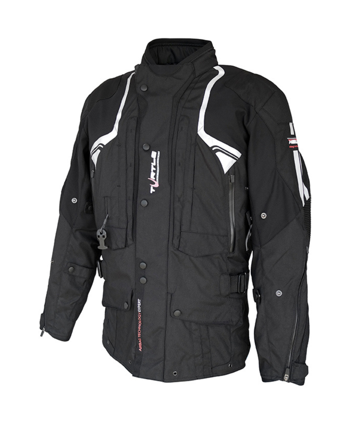 Front of the Helite Touring airbag jacket in black with reflective panels