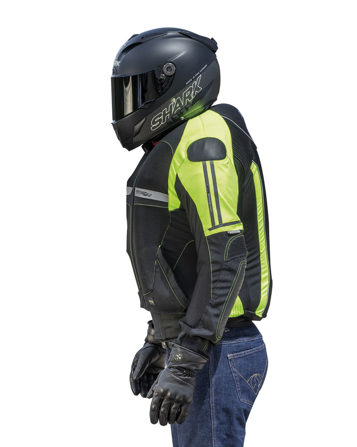 Side view of a rider wearing the Helite Vented airbag jacket