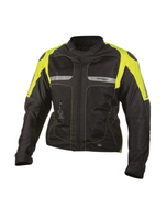 Front of the Helite Vented airbag jacket in black and high-vis yellow
