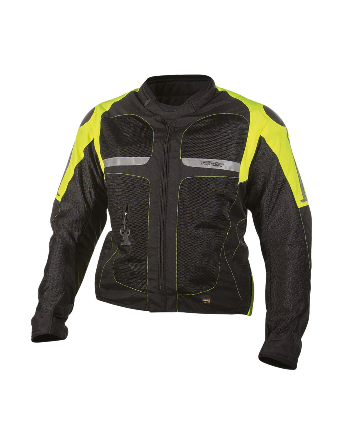 Front of the Helite Vented airbag jacket in black and high-vis yellow