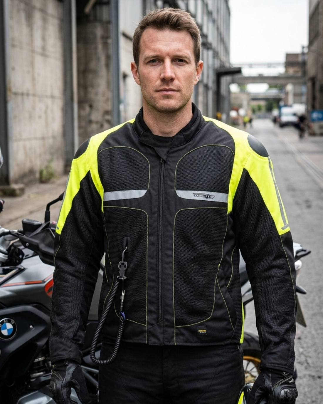 Rider wearing the Helite Vented airbag jacket in black and high-vis yellow, standing by parked motorcycles in a city street