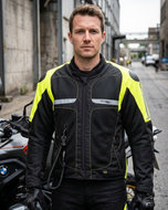 Rider wearing the Helite Vented airbag jacket in black and high-vis yellow, standing by parked motorcycles in a city street