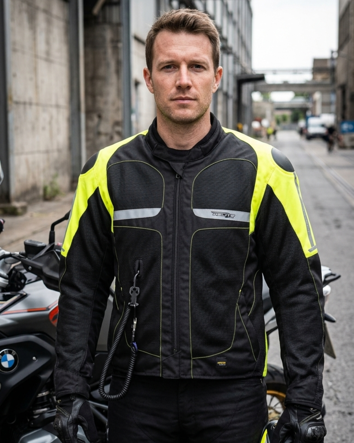 Rider wearing the Helite Vented airbag jacket in black and high-vis yellow, standing by parked motorcycles in a city street