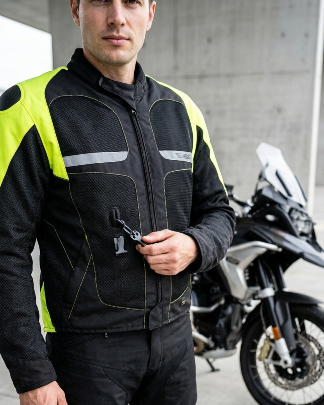 Rider holding the lanyard connector on the front of the Helite Vented airbag jacket, adventure motorcycle behind